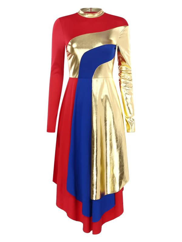 Women Long Sleeve Colorblock Liturgical Worship Dance Dresses thumb