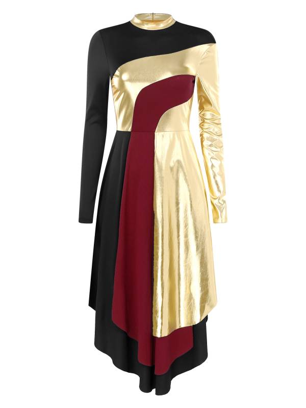 Women Long Sleeve Colorblock Liturgical Worship Dance Dresses thumb