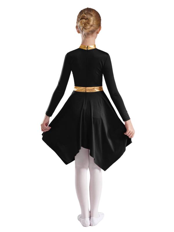Kids Girls Metallic Mock Neck Long Sleeve Asymmetrical Worship Dance Dress thumb