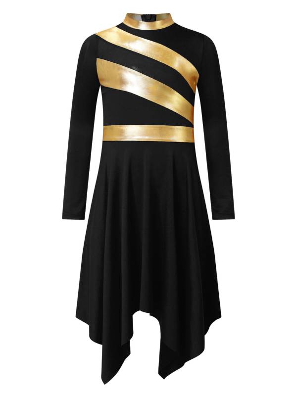 Kids Girls Metallic Mock Neck Long Sleeve Asymmetrical Worship Dance Dress thumb