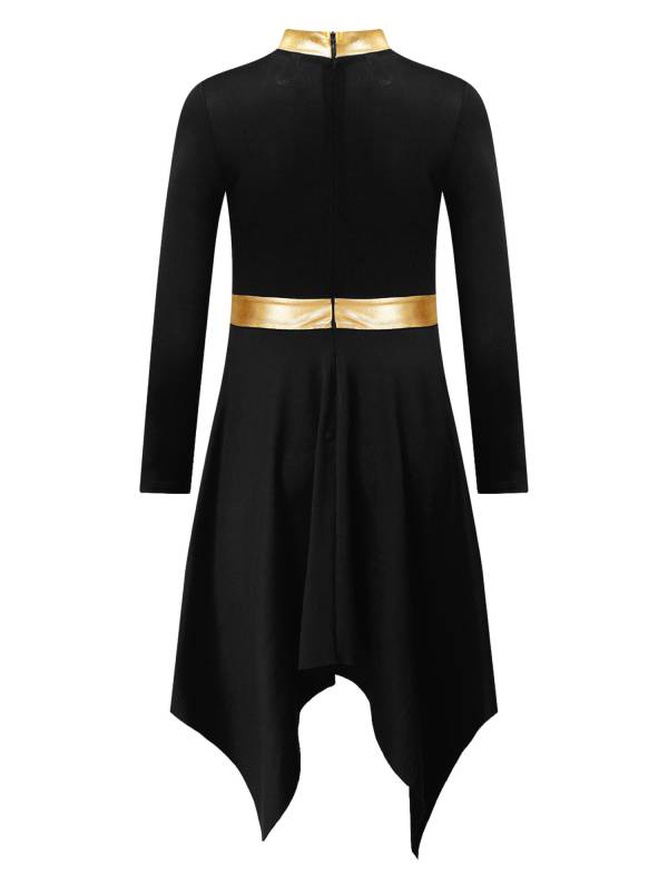 Kids Girls Metallic Mock Neck Long Sleeve Asymmetrical Worship Dance Dress thumb