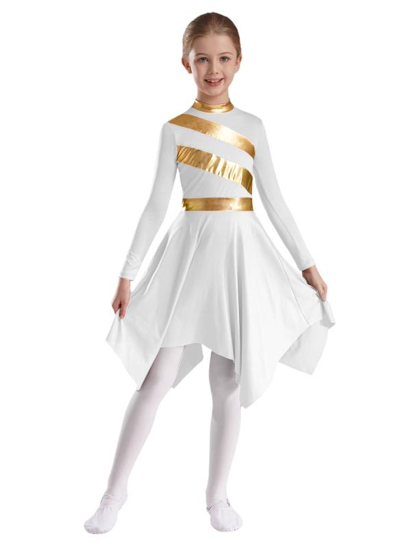 Kids Girls Metallic Mock Neck Long Sleeve Asymmetrical Worship Dance Dress thumb