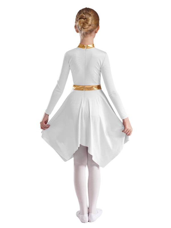Kids Girls Metallic Mock Neck Long Sleeve Asymmetrical Worship Dance Dress thumb