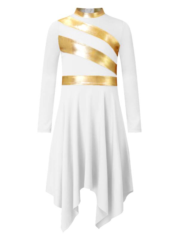 Kids Girls Metallic Mock Neck Long Sleeve Asymmetrical Worship Dance Dress thumb