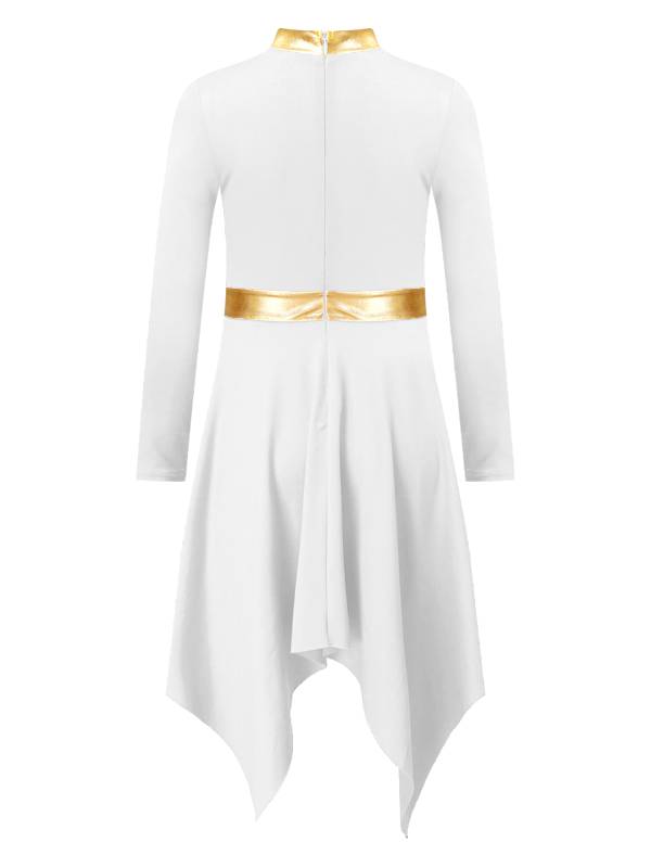 Kids Girls Metallic Mock Neck Long Sleeve Asymmetrical Worship Dance Dress thumb