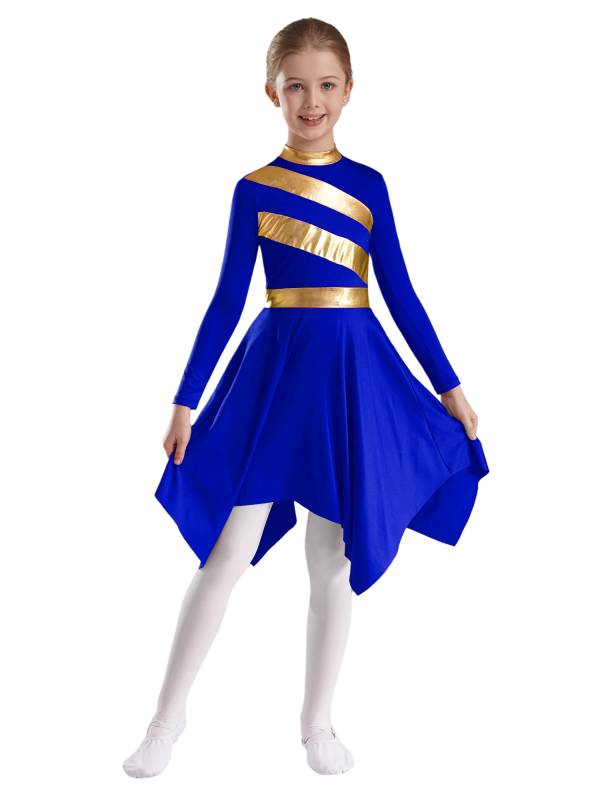 Kids Girls Metallic Mock Neck Long Sleeve Asymmetrical Worship Dance Dress thumb