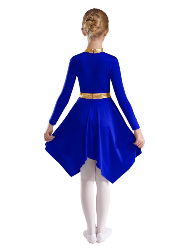 Kids Girls Metallic Mock Neck Long Sleeve Asymmetrical Worship Dance Dress thumb