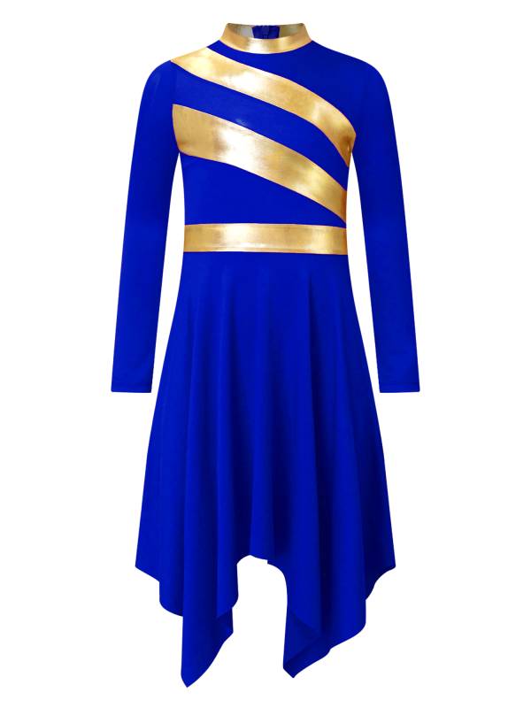 Kids Girls Metallic Mock Neck Long Sleeve Asymmetrical Worship Dance Dress thumb
