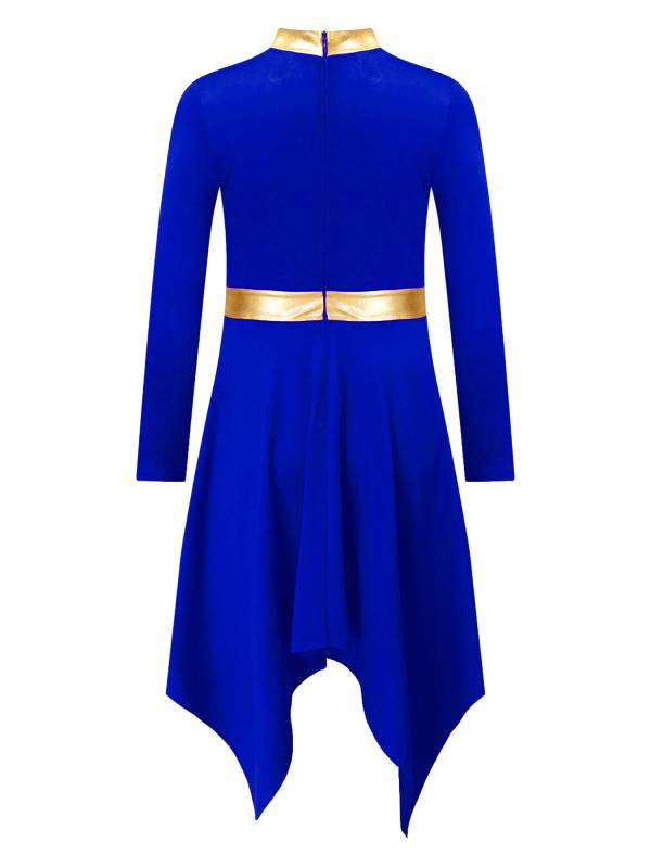 Kids Girls Metallic Mock Neck Long Sleeve Asymmetrical Worship Dance Dress thumb