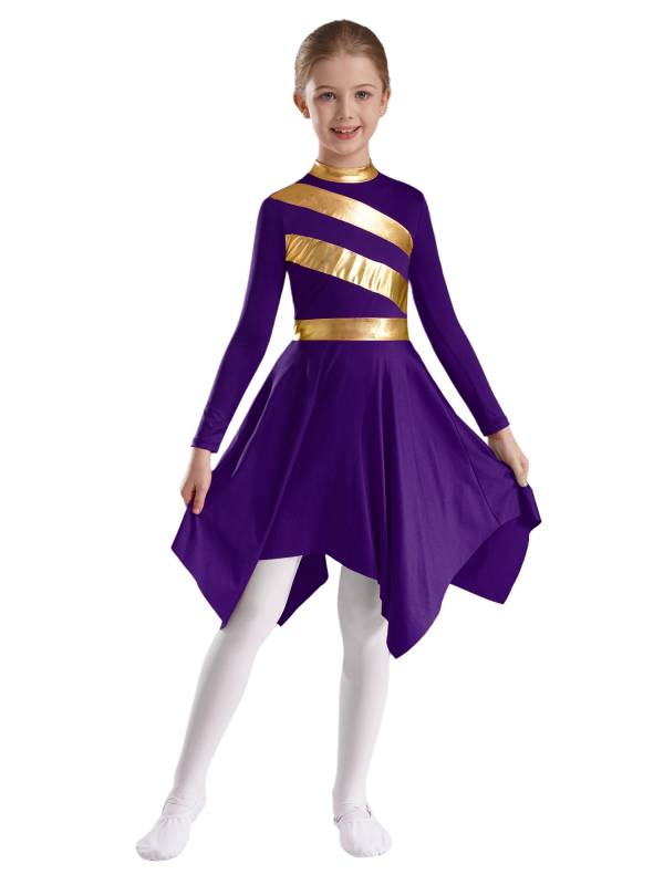 Kids Girls Metallic Mock Neck Long Sleeve Asymmetrical Worship Dance Dress thumb