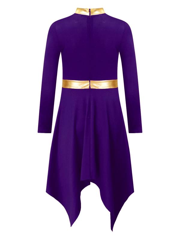 Kids Girls Metallic Mock Neck Long Sleeve Asymmetrical Worship Dance Dress thumb