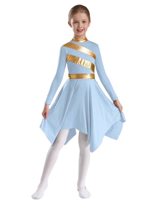 Kids Girls Metallic Mock Neck Long Sleeve Asymmetrical Worship Dance Dress thumb