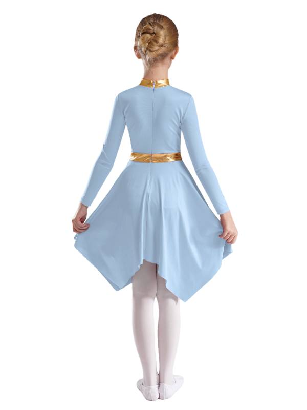Kids Girls Metallic Mock Neck Long Sleeve Asymmetrical Worship Dance Dress thumb