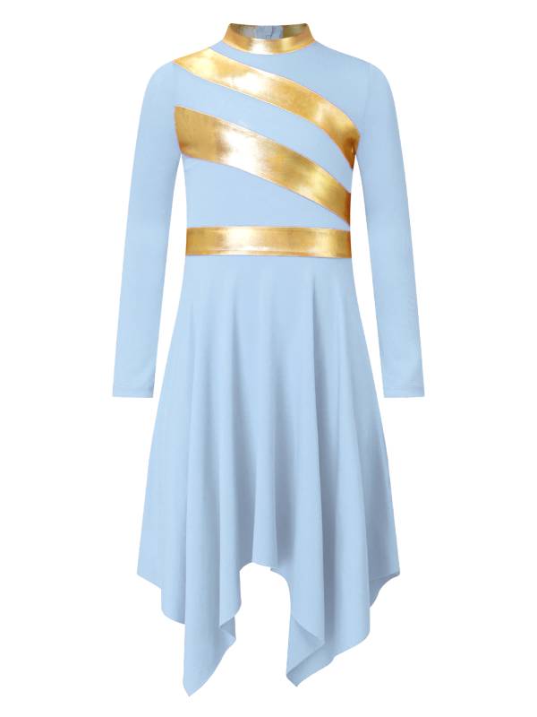 Kids Girls Metallic Mock Neck Long Sleeve Asymmetrical Worship Dance Dress thumb