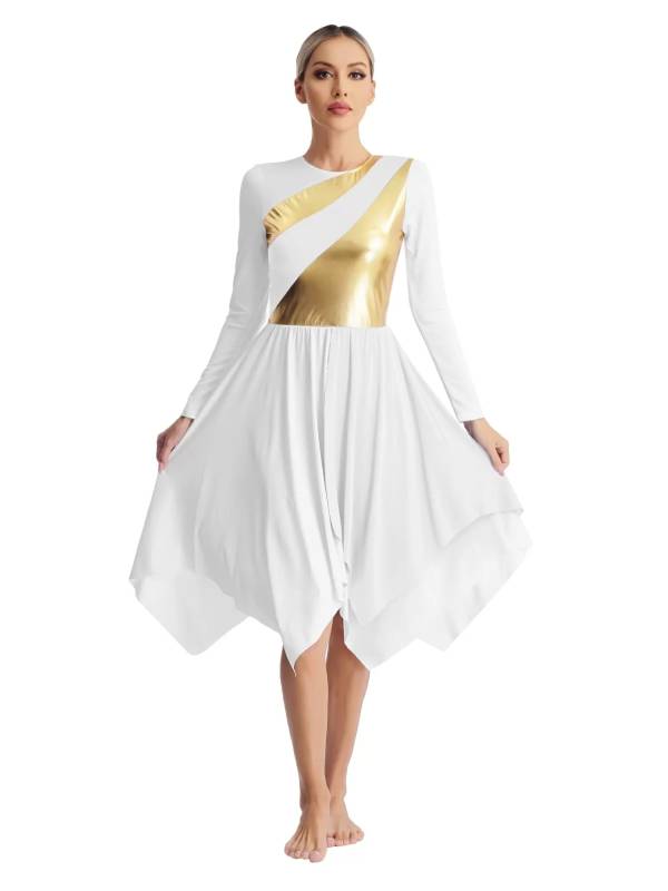 Women Long Sleeve Metallic Liturgical Worship Praise Dance Dress thumb