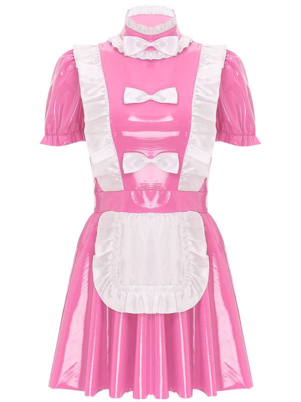 Women Puff Sleeve Mock Neck A-Line Patent Leather Maid Dress thumb