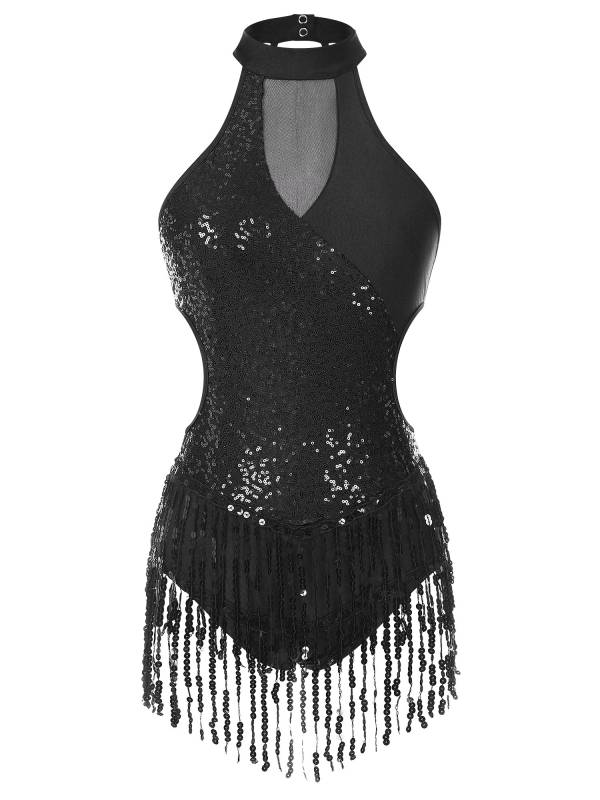 Women Sparkling Sequin Color Block Tassel Latin Dance Leotard thumb
