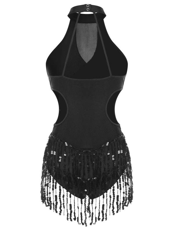 Women Sparkling Sequin Color Block Tassel Latin Dance Leotard thumb