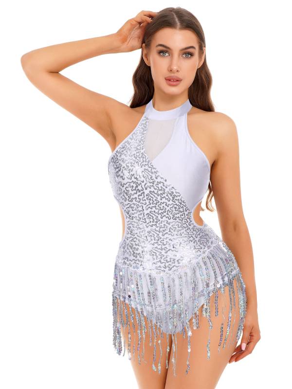 Women Sparkling Sequin Color Block Tassel Latin Dance Leotard thumb