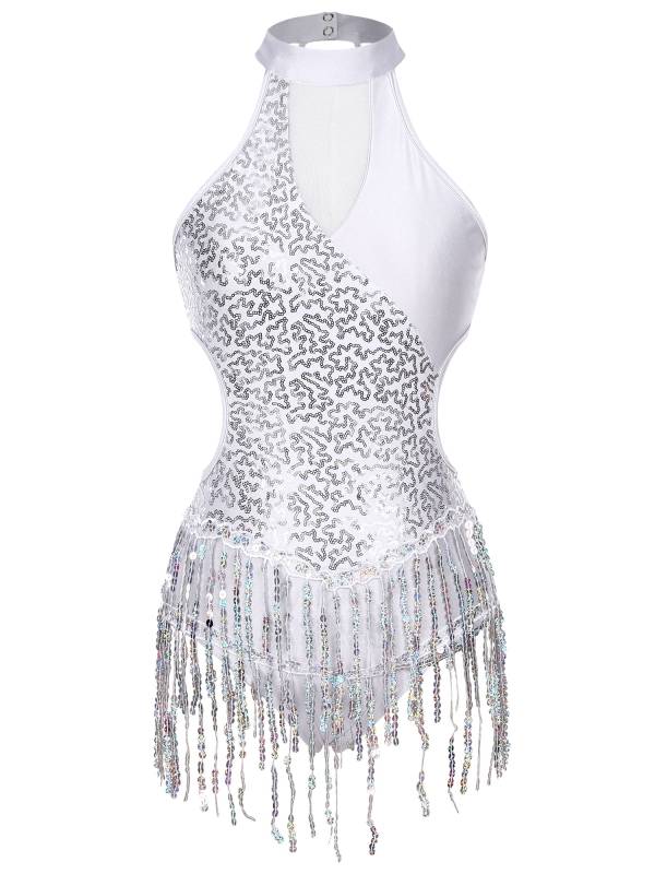 Women Sparkling Sequin Color Block Tassel Latin Dance Leotard thumb