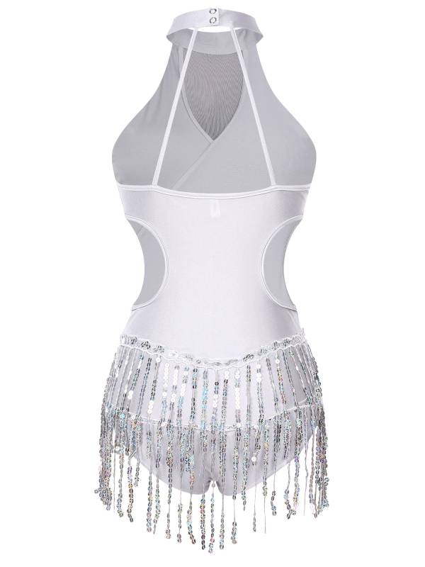 Women Sparkling Sequin Color Block Tassel Latin Dance Leotard thumb