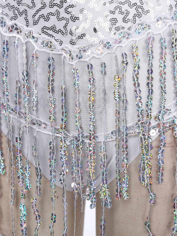 Women Sparkling Sequin Color Block Tassel Latin Dance Leotard thumb