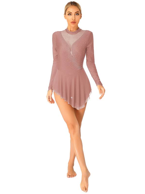 Women Glittery Rhinestone Long Sleeve Ice Skating Dresses thumb