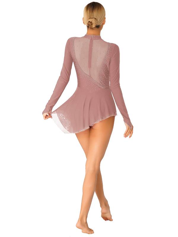 Women Glittery Rhinestone Long Sleeve Ice Skating Dresses thumb