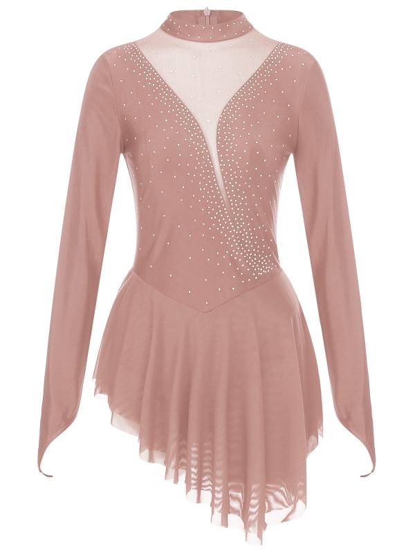 Women Glittery Rhinestone Long Sleeve Ice Skating Dresses thumb