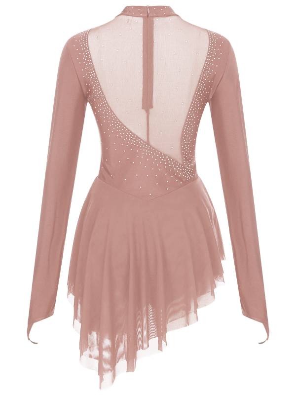 Women Glittery Rhinestone Long Sleeve Ice Skating Dresses thumb