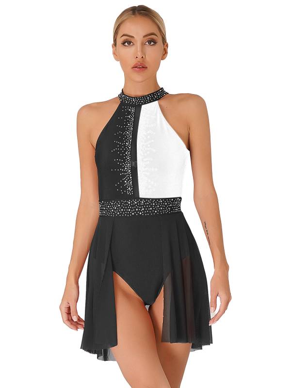 Women Sleeveless Shiny Rhinestone Figure Skating Leotard Dress thumb