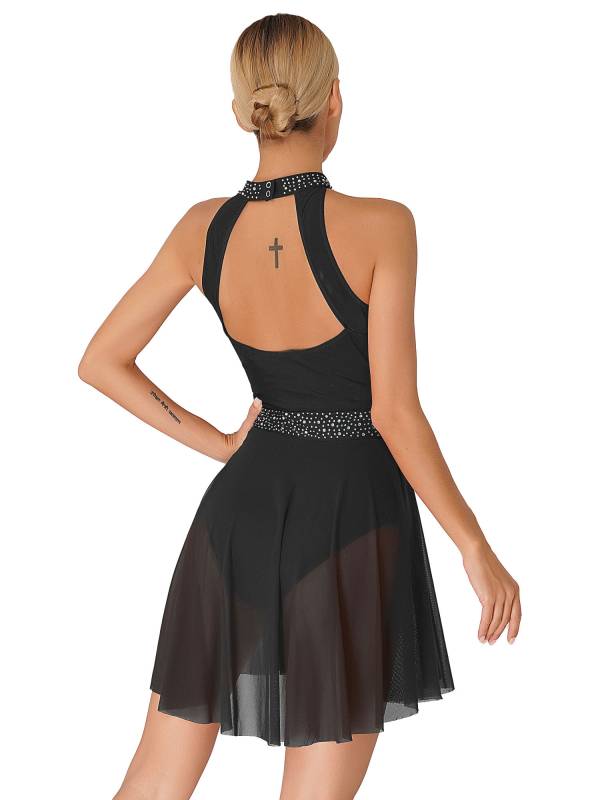 Women Sleeveless Shiny Rhinestone Figure Skating Leotard Dress thumb