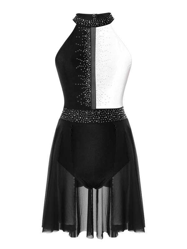 Women Sleeveless Shiny Rhinestone Figure Skating Leotard Dress thumb