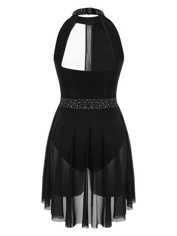 Women Sleeveless Shiny Rhinestone Figure Skating Leotard Dress thumb