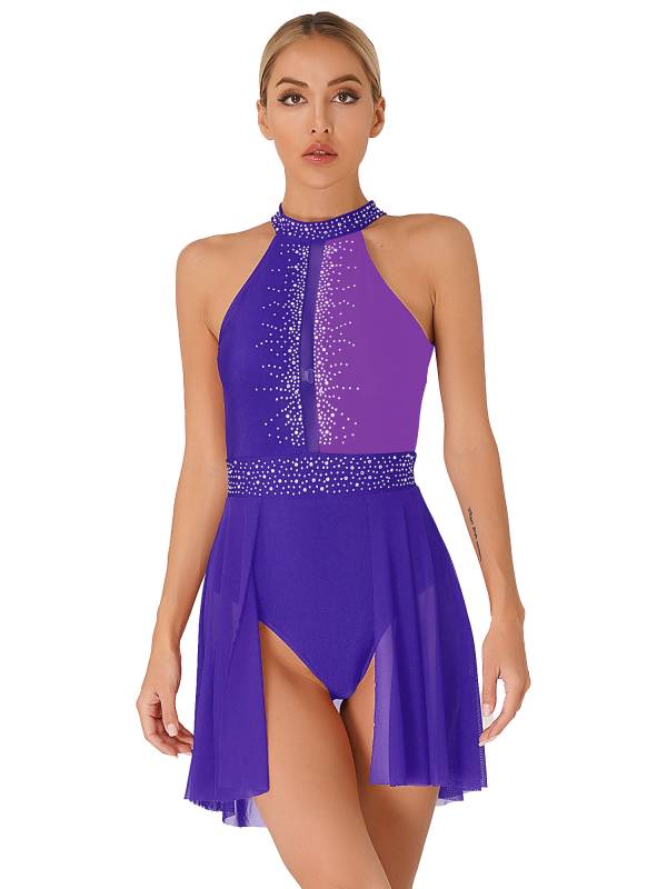 Women Sleeveless Shiny Rhinestone Figure Skating Leotard Dress thumb