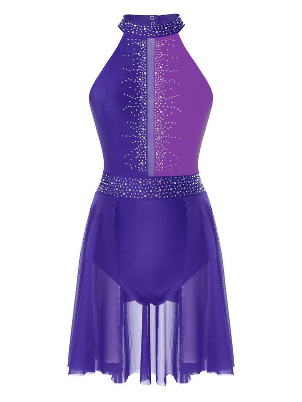 Women Sleeveless Shiny Rhinestone Figure Skating Leotard Dress thumb