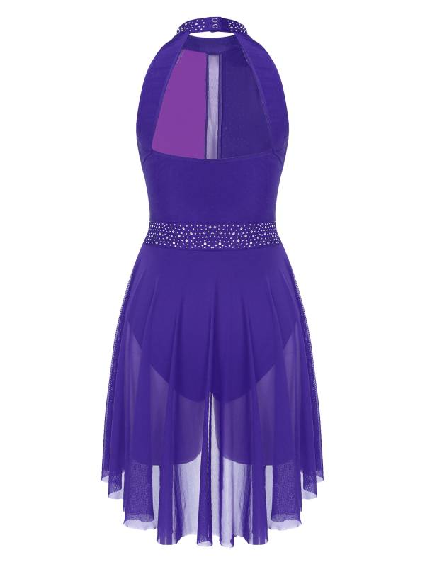 Women Sleeveless Shiny Rhinestone Figure Skating Leotard Dress thumb