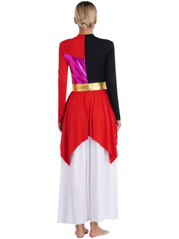 Women Liturgical Dance Dresses Metallic Contrast Color Long Sleeve thumb