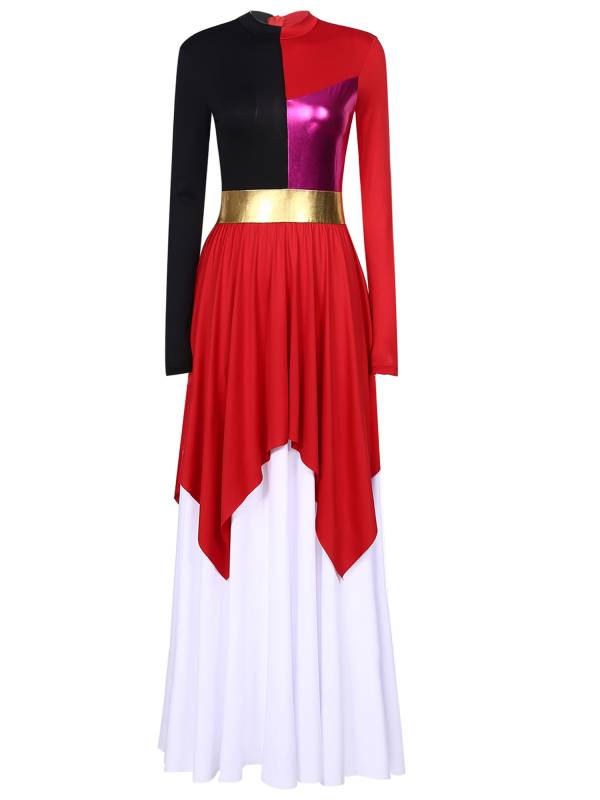 Women Liturgical Dance Dresses Metallic Contrast Color Long Sleeve thumb