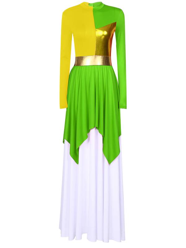 Women Liturgical Dance Dresses Metallic Contrast Color Long Sleeve thumb
