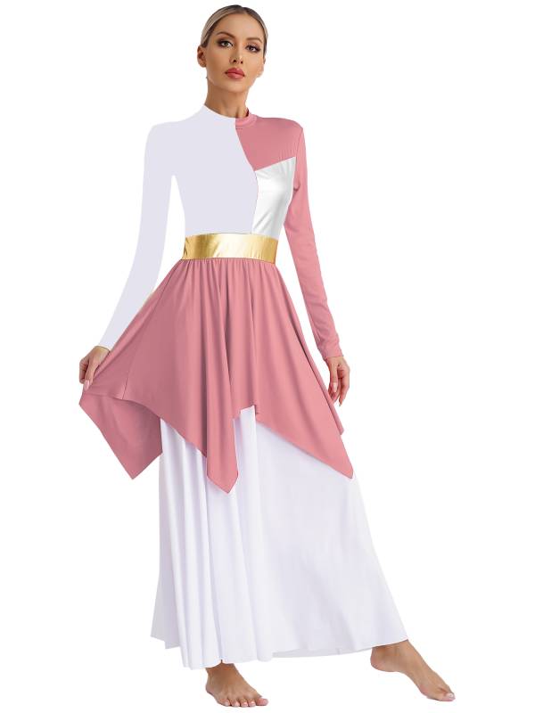 Women Liturgical Dance Dresses Metallic Contrast Color Long Sleeve thumb