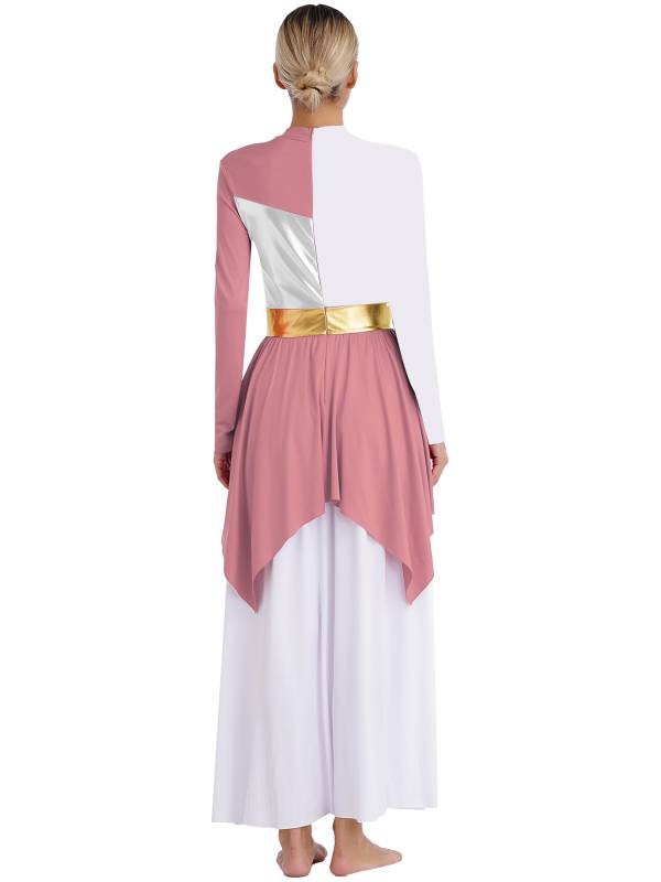 Women Liturgical Dance Dresses Metallic Contrast Color Long Sleeve thumb