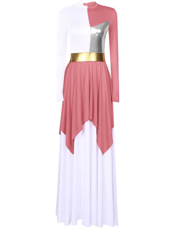 Women Liturgical Dance Dresses Metallic Contrast Color Long Sleeve thumb