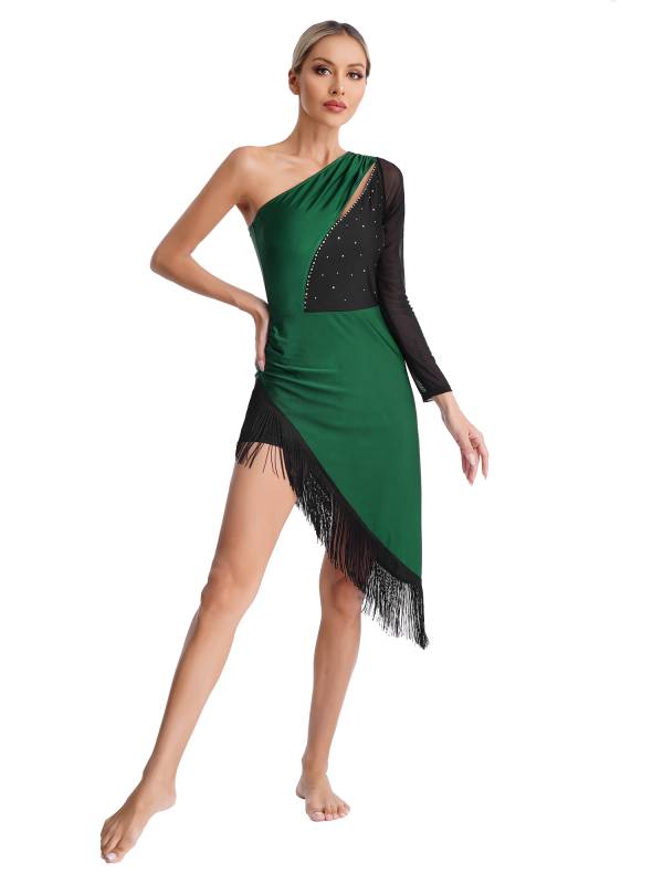 Women Rhinestones Asymmetrical Tassel Latin Dance Dress with Shorts thumb