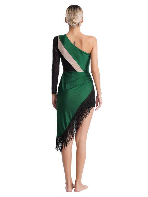 Women Rhinestones Asymmetrical Tassel Latin Dance Dress with Shorts thumb