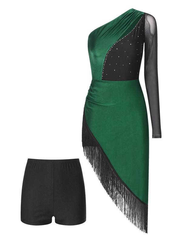 Women Rhinestones Asymmetrical Tassel Latin Dance Dress with Shorts thumb