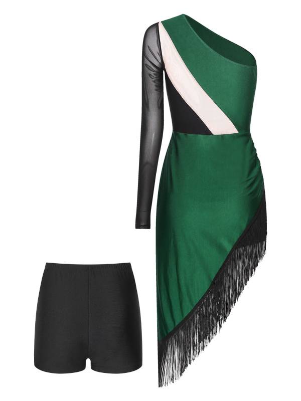 Women Rhinestones Asymmetrical Tassel Latin Dance Dress with Shorts thumb