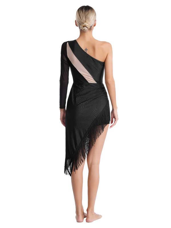 Women Rhinestones Asymmetrical Tassel Latin Dance Dress with Shorts thumb