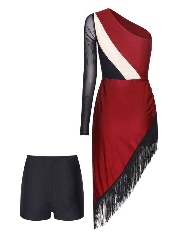 Women Rhinestones Asymmetrical Tassel Latin Dance Dress with Shorts thumb