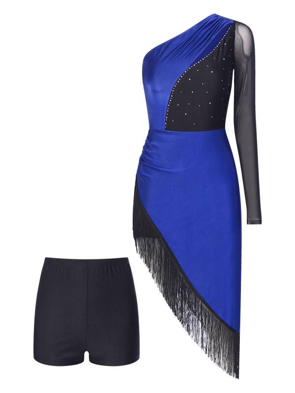 Women Rhinestones Asymmetrical Tassel Latin Dance Dress with Shorts thumb
